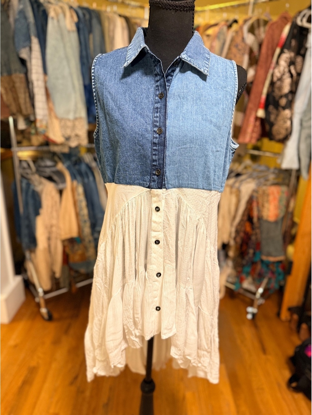 YOUNG THREADS Denim White Asymmetrical High Low Tunic Top NWT Small